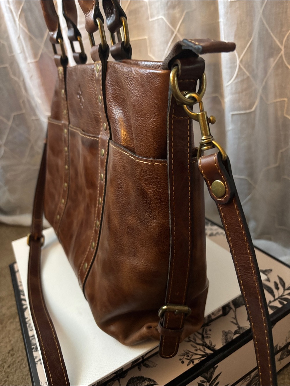 Distressed Brown Leather Tote Bag with Stud Details by Patricia Nash - Picture 6 of 15